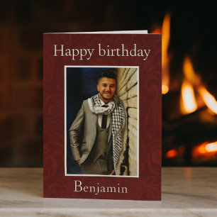Carte Élégant Damassé Bordeaux Photo Anniversaire