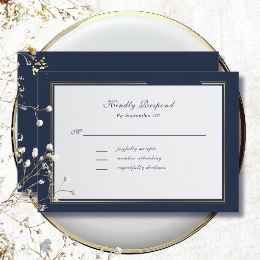 Carte Elegant Dark Navy Gold Frame Traditional  RSVP