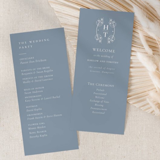 Carte Elégant Dusty bleu Monogram Crest Wedding Programm