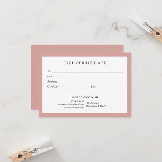 Carte Elegant Dusty Rose Business Gift Certificate Logo (Devant/Arrière en situation)