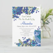 Carte Elégant Eucalyptus bleu Turquoise Chouette florale (Debout devant)