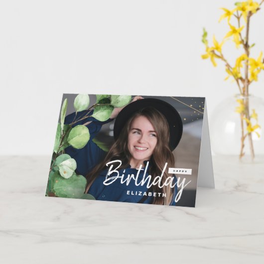 Carte Elégant Eucalyptus moderne photo d'anniversaire (Fleur jaune)