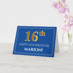Carte Élégant Faux Aspect Or 16e Anniversaire, Nom (Bleu