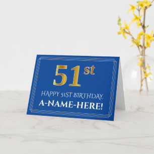 Carte Élégant Faux Aspect Or 51e Anniversaire, Nom (Bleu