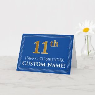 Carte Elégant Faux Gold Look 11e anniversaire, nom (bleu
