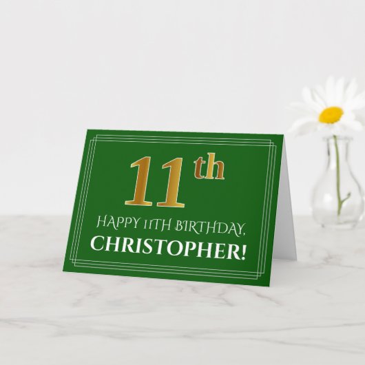 Carte Elégant Faux Gold Look 11e anniversaire, nom (vert (Petite plante)