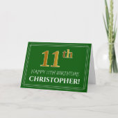 Carte Elégant Faux Gold Look 11e anniversaire, nom (vert (Devant)