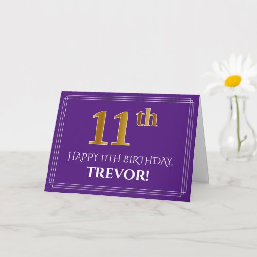 Carte Elégant Faux Gold Look 11e anniversaire, nom; viol (Petite plante)