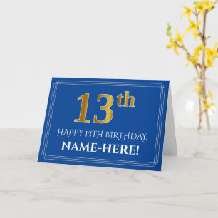 Carte Elégant Faux Gold Look 13e anniversaire, nom (bleu