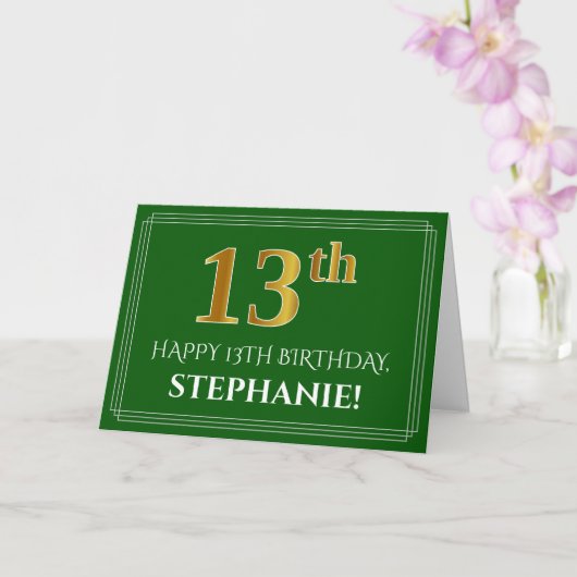 Carte Elégant Faux Gold Look 13e anniversaire, nom (vert (Orchidée)