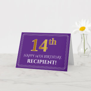Carte Elégant Faux Gold Look 14e anniversaire, nom; viol