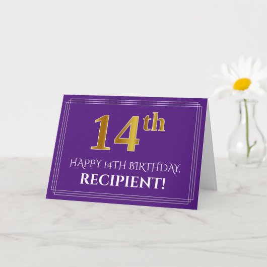 Carte Elégant Faux Gold Look 14e anniversaire, nom; viol (Petite plante)