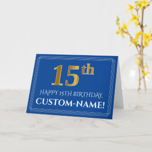 Carte Elégant Faux Gold Look 15e anniversaire, nom (bleu