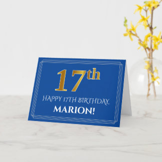 Carte Elégant Faux Gold Look 17e anniversaire, nom (bleu