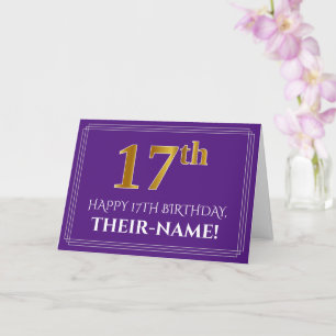 Carte Elégant Faux Gold Look 17e anniversaire, nom; viol