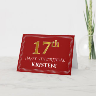 Carte Elégant Faux Gold Look "17ème" Anniversaire, Nom (
