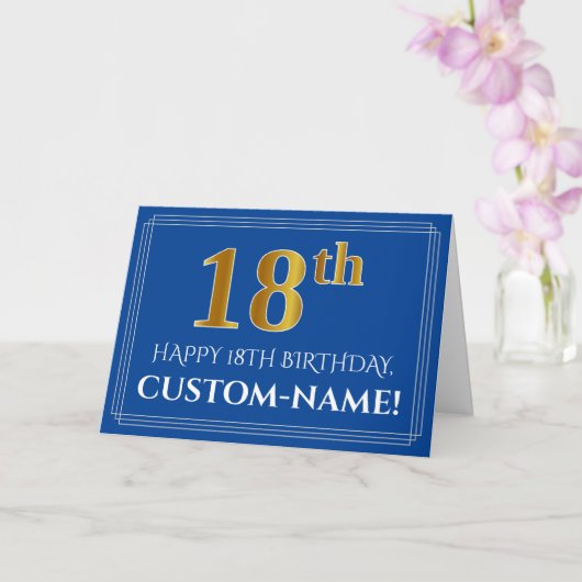 Carte Elégant Faux Gold Look 18e anniversaire, nom (bleu (Orchidée)