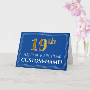 Carte Elégant Faux Gold Look 19e anniversaire, nom (bleu
