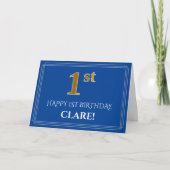 Carte Elégant Faux Gold Look 1er Anniversaire, Nom (bleu (Devant)