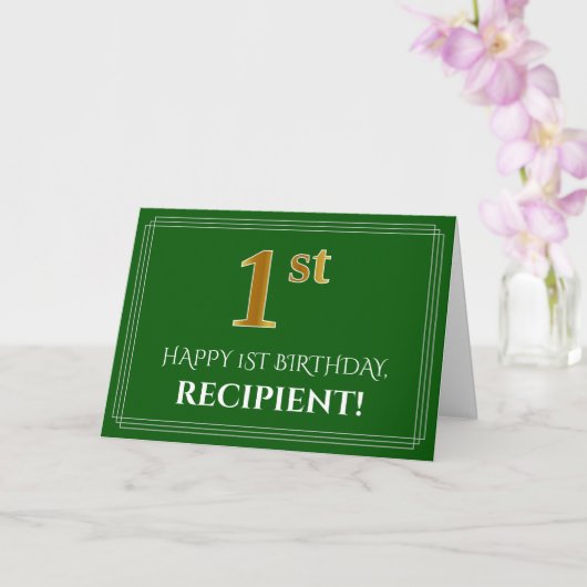 Carte Elégant Faux Gold Look 1er Anniversaire, Nom (Vert (Orchidée)
