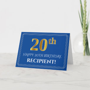 Carte Elégant Faux Gold Look 20e anniversaire, nom (bleu
