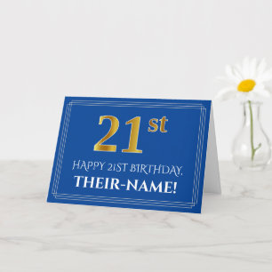 Carte Elégant Faux Gold Look 21e anniversaire, nom (bleu