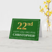 Carte Elégant Faux Gold Look 22e anniversaire, nom (vert (Fleur jaune)