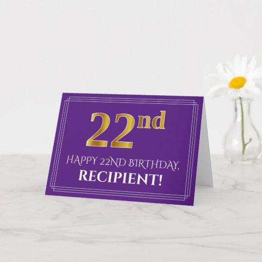 Carte Elégant Faux Gold Look 22e anniversaire, nom; viol (Petite plante)