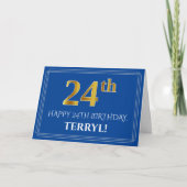 Carte Elégant Faux Gold Look 24e anniversaire, nom (bleu (Devant)