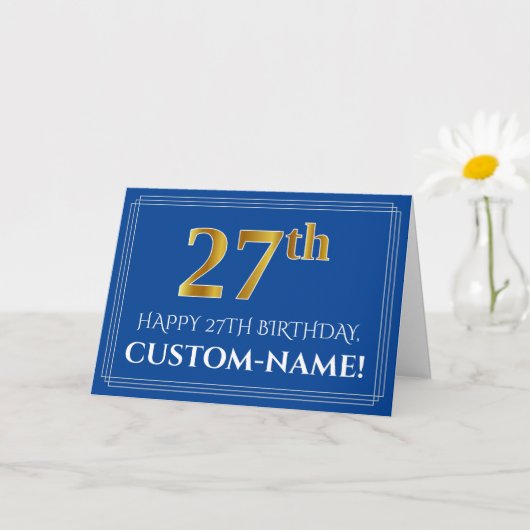 Carte Elégant Faux Gold Look 27e anniversaire, nom (bleu (Petite plante)