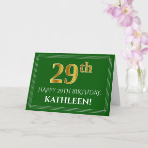 Carte Elégant Faux Gold Look 29e anniversaire, nom (vert