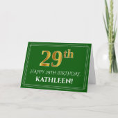 Carte Elégant Faux Gold Look 29e anniversaire, nom (vert (Devant)