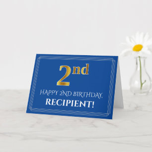Carte Elégant Faux Gold Look 2e anniversaire, nom (bleu)