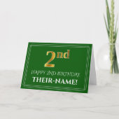 Carte Elégant Faux Gold Look 2e anniversaire, nom (vert) (Devant)