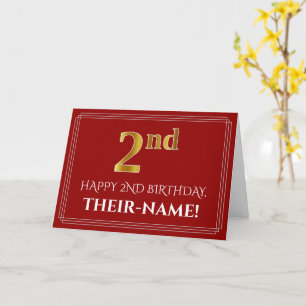 Carte Elégant Faux Gold Look "2ème" Anniversaire, Nom (R
