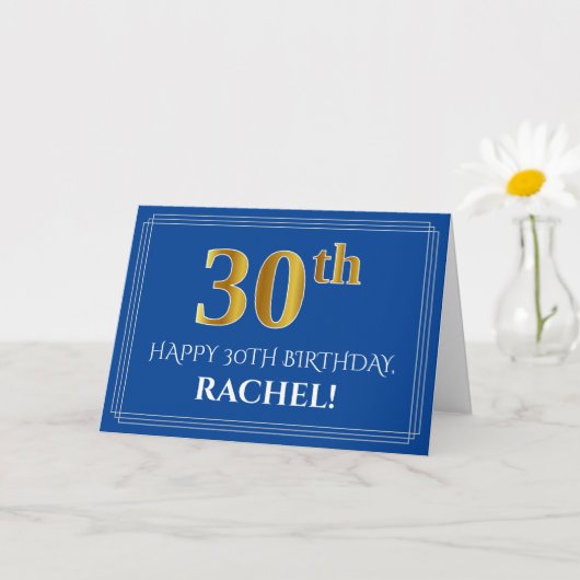 Carte Elégant Faux Gold Look 30e anniversaire, nom (bleu (Petite plante)
