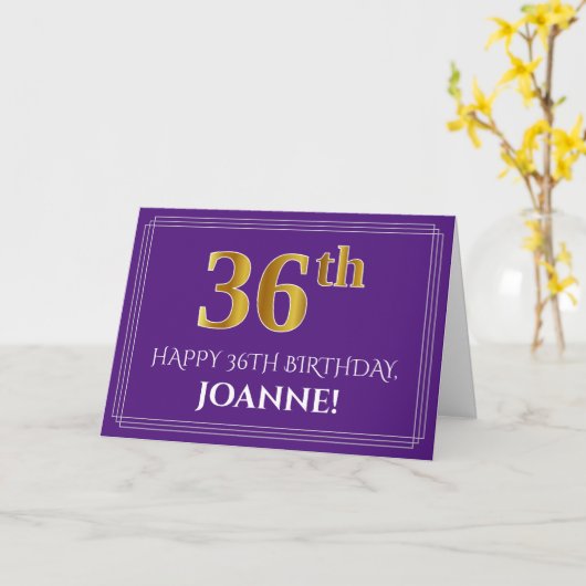 Carte Elégant Faux Gold Look 36e anniversaire, nom;Viole (Fleur jaune)