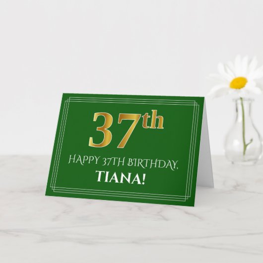 Carte Elégant Faux Gold Look 37e anniversaire, nom (vert (Petite plante)