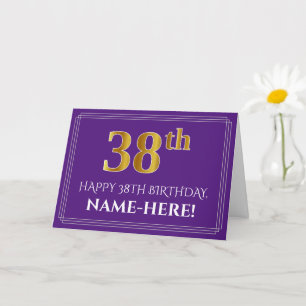 Carte Elégant Faux Gold Look 38e anniversaire, nom; viol