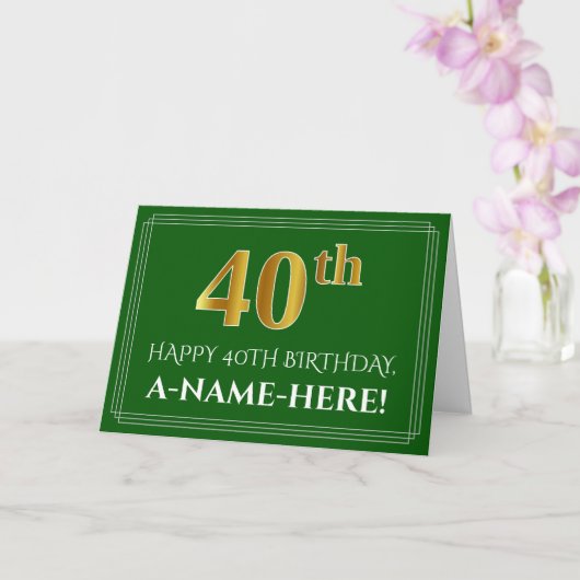 Carte Elégant Faux Gold Look 40e anniversaire, nom (vert (Orchidée)