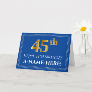 Carte Elégant Faux Gold Look 45e anniversaire, nom (bleu