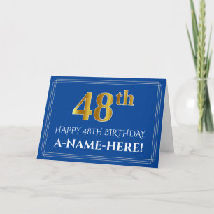 Carte Elégant Faux Gold Look 48e anniversaire, nom (bleu