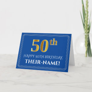 Carte Elégant Faux Gold Look 50e anniversaire, nom (bleu