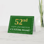 Carte Elégant Faux Gold Look 52e anniversaire, nom (vert (Devant)