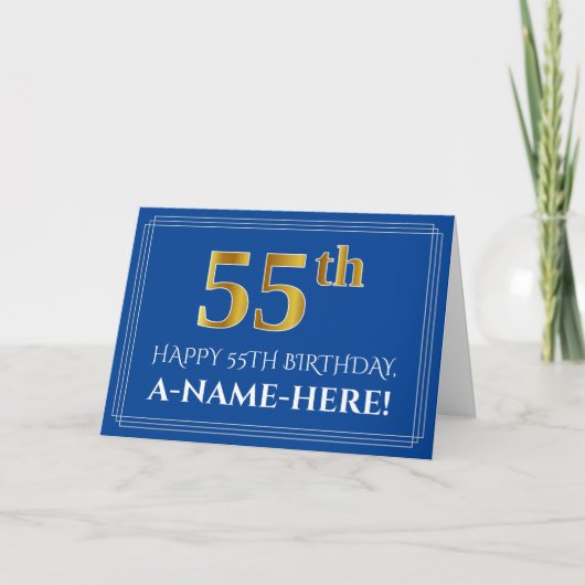 Carte Elégant Faux Gold Look 55e anniversaire, nom (bleu (Devant)