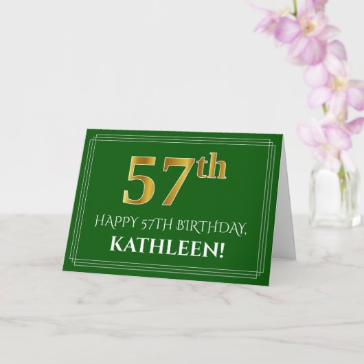 Carte Elégant Faux Gold Look 57e anniversaire, nom (vert (Orchidée)