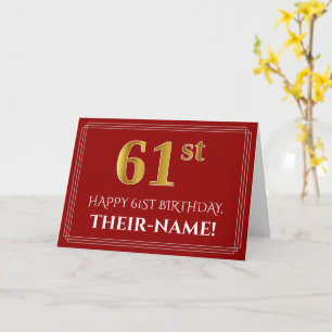 Carte Elégant Faux Gold Look "61ème" Anniversaire, Nom (