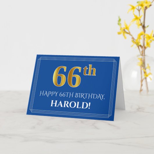 Carte Elégant Faux Gold Look 66e anniversaire, nom (bleu (Fleur jaune)