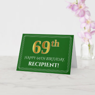 Carte Elégant Faux Gold Look 69e anniversaire, nom (vert