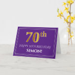 Carte Elegant Faux Gold Look 70th Birthday, nom; Purple<br><div class="desc">The Front of this respectable and elegant birthday themed greeting design fets a large ordinal number "70th" having a/imitation gold inspecred appearance, the message "HAPPY 70TH BIRTHDAY, " à editable recipient name, and a border pattern consis lines, on purple de boulanger. The inside feobjets a customized birthday greeting message, or...</div>
